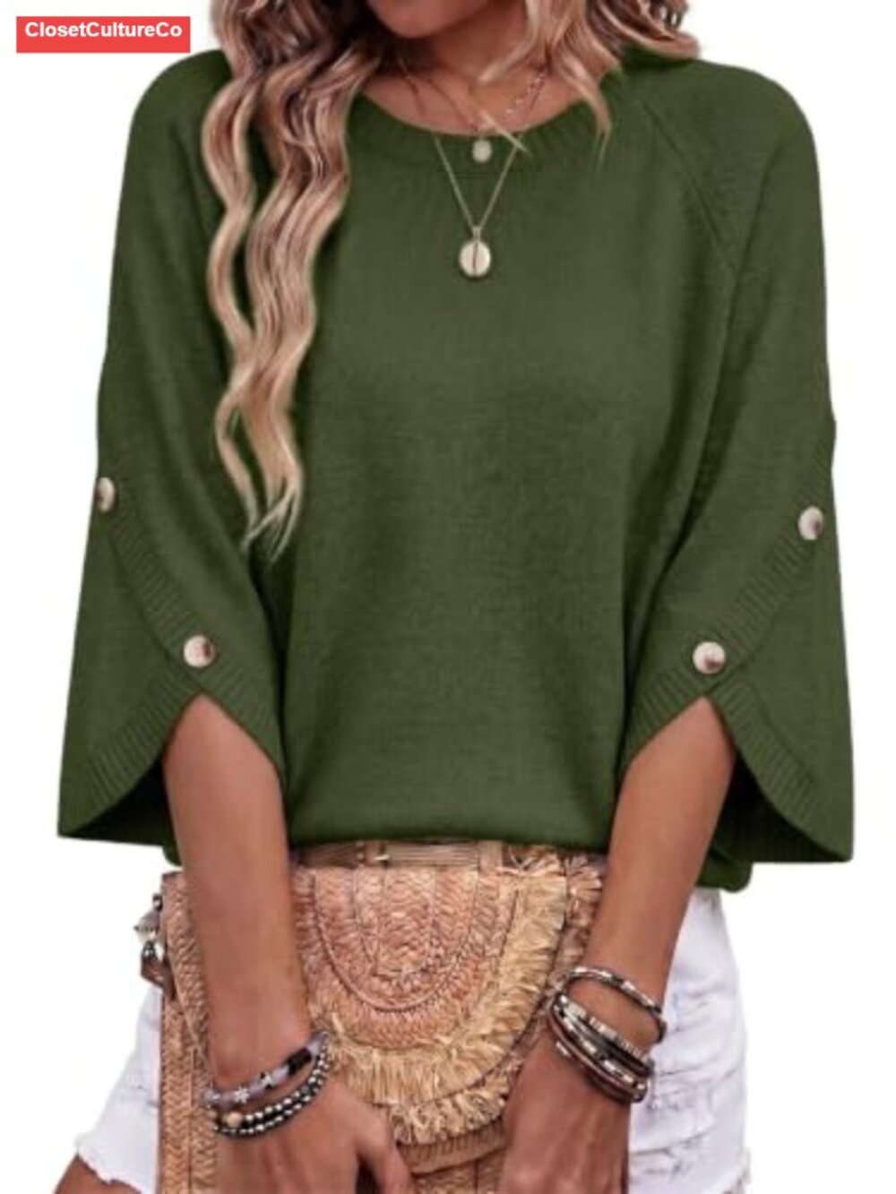 Dokotoo Womens Oversized Knit Sweater 3/4 Button Sleeve Crewneck Pullover